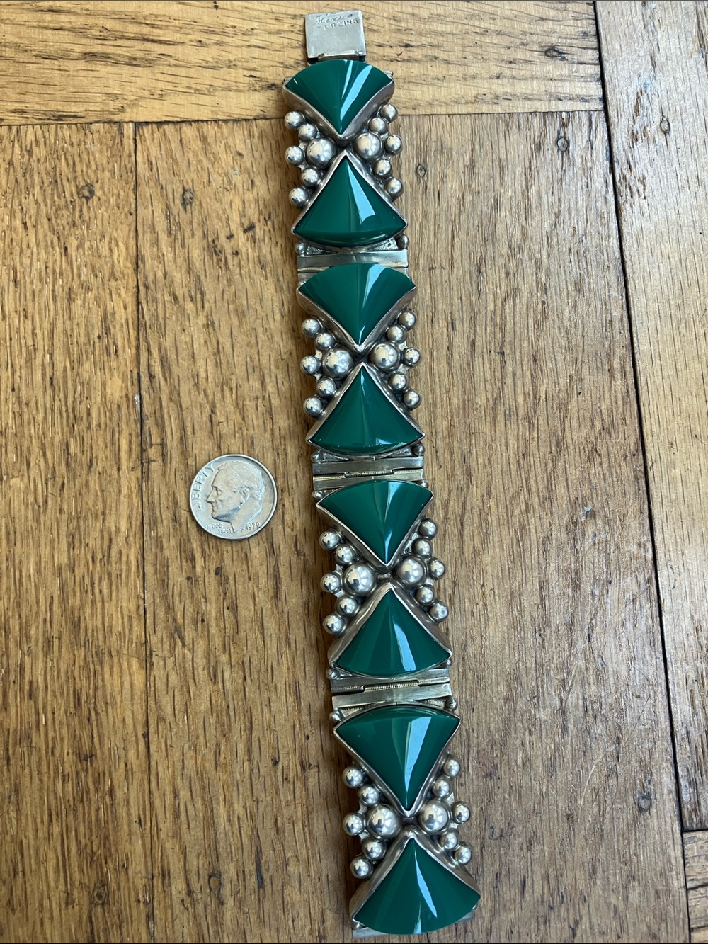 Stunning Large Scale Vintage Taxco Del Rio Style Green and Silver Bracelet - Picture 4 of 10
